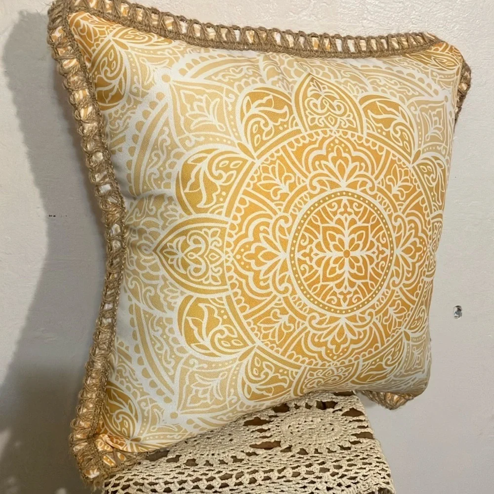 Mandala Patterned reversible Orange and yellow Throw Pillow with jute trim